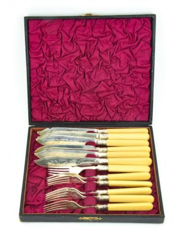 Antique Silver Plate Fish Set w Sterling Bands (1 of 10)