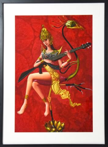 Liu Zhi Surreal Lithograph w Buddhist Motif: Liu Zhi Surreal Lithograph w Buddhist, Gun, and Instrumental Motif. Prints limited to 100 editions. Frame measures 36 inches x 27 inches. Window measures 27 inches x 19 inches.