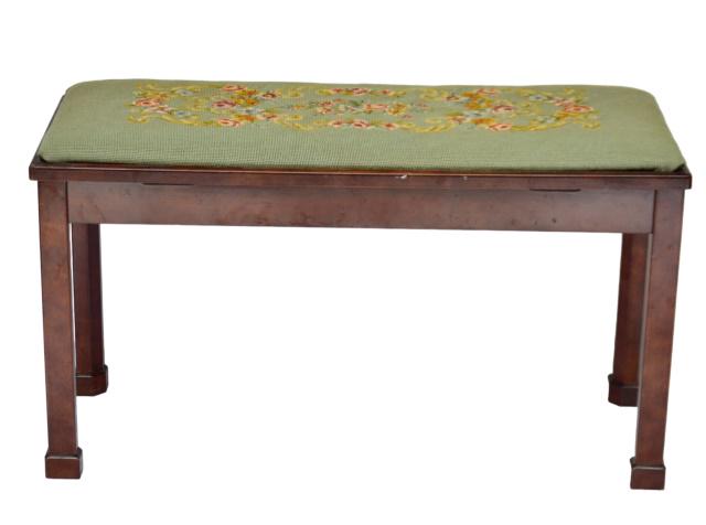 Piano Stool with Antique Needle Point Upholstery: Bombay Company Piano Stool with Antique Needle Point Upholstery.Measures 18.25 inches x 34 inches x 13.25 inches.