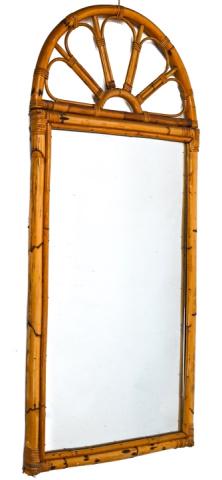 Large Vintage Bamboo & Rattan Arched Wall Mirror: Large Vintage Bamboo & Rattan Wall Mirror with Arched Pediment. Measures 55 inches x 25 inches