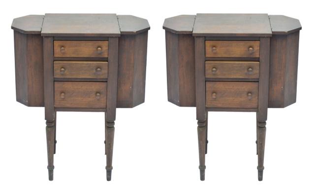 Pair Antique Martha Washington Sewing Cabinets: Pair Antique Martha Washington Wood Sewing Cabinets Flip Top Side Table Stands. Measures 28.5 inches x 23.5 inches x 12 inches.