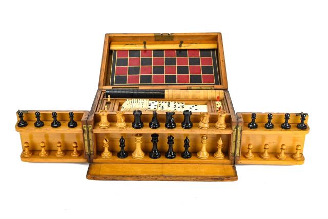 Royal Cabinet of Games by Chapman, Son & Co.: Royal Cabinet of Games by Chapman, Son & Co. in Original Wood Top and Front Opening Box. 7 inches x 13 inches x 8.5 inches.