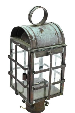 Vintage Copper Marine Bulkhead Post Lantern: Vintage Copper Marine Bulkhead Post Lantern. 18 inches x 8 inches x 8 inches