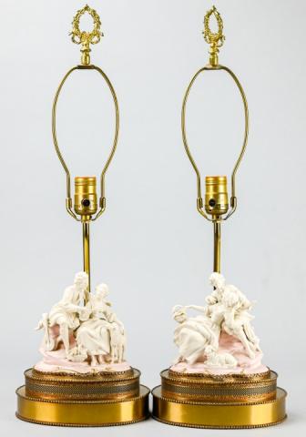 Pair Antique Bisque Renaissance Revival Table Lamp: Pair Antique Bisque Renaissance Revival Table Lamps on Reticulated Brass Bases. 24 inches x 8 inches
