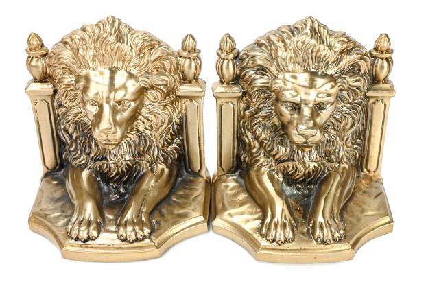 PM Craftsman Gilt Metal Lions Head Bookends: Vintage PM Craftsman Gilt Metal Lions Head Bookends. 5 inches x 5 inches x 4 inches