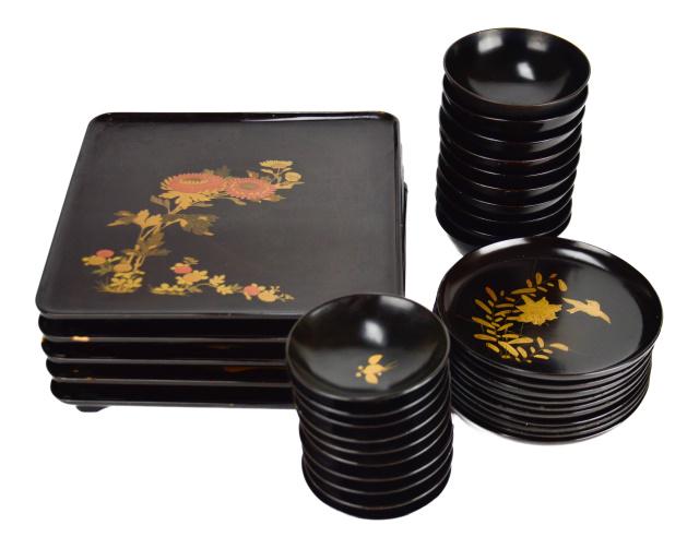 Antique Japanese Black Lacquer Ware Trays Bowls: Antique Japanese Black Lacquer Ware Footed Dinner Trays and Bowls. Trays measures 11 inches by 11 inches. Trays show wear.