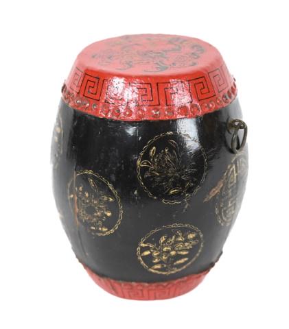 Antique Chinese Lacquer Ware Drum w Nail Head Trim: Antique Chinese Lacquer Ware Drum with Nail Head Trim. 9 inches x 8 inches in diameter.
