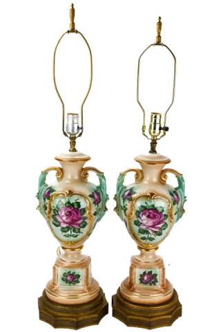 Pair Antique Royal Worcester Porcelain Lamps: Pair Antique Royal Worcester Hand Painted Porcelain Amphora Form Lamps with Reticulated Brass Bases. The porcelain signature is not visible as lamps are mounted. Lamp body without harps measure 23 inc