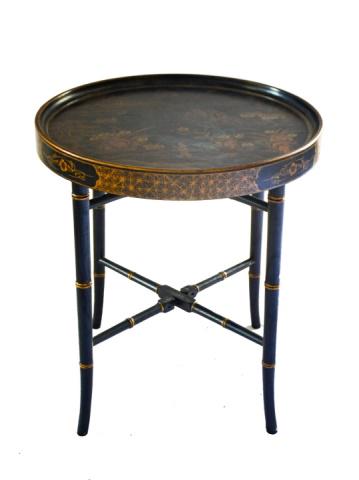 Chinoisserie Style Lacquered Tray Table: Chinoisserie Sty Hand Painted Lacquered Tray Table.Measures 26 inches x 24 inches diameter.