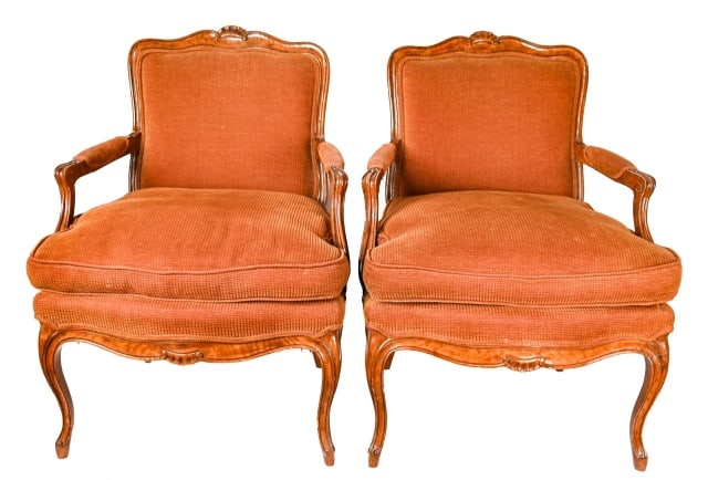 Pair Louis XV Carved Arm Chairs Velour Upholstery: Pair Louis XV Carved Arm Chairs Velour Upholstery w Shell Motif. 36 inches x 26 inches x 20 inches, 20 inches to seat