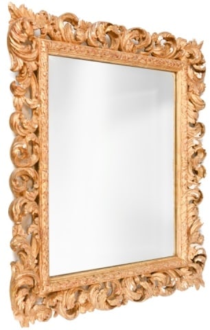 Heavily Carved Rococo Gilt Beveled Wall Mirror: Heavily Carved Rococo Gilt Beveled Wall Mirror. 33 inches x 29 inches