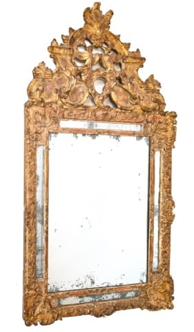 Antique 19th C Florentine Carved Gilt Mirror: Antique19th C Florentine Carved Gilt Wall Mirror. The mirror has gilt and gesso loss. Pediment is removable. Measures 56 inches x 30 inches, Pediment measures 20 inches x 30 inches.
