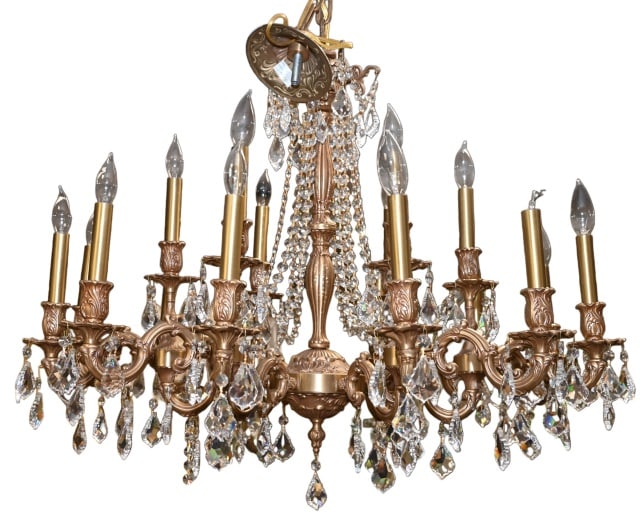 French Empire Brass and Crystal Chandelier: French Empire Brass and Crystal Chandelier.Measures 28 x 34