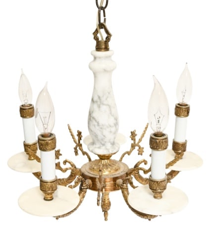 Antique French 5 Light Ormolu & Marble Chandelier: Antique French 5 Light Ormolu and Marble ChandelierMeasures 15 inches x 15 inches.