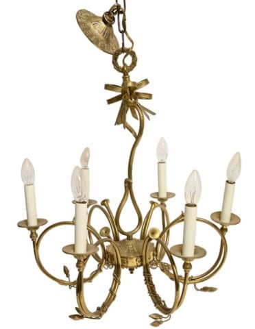 Ornate French Style Trumpet Brass Chandelier: Ornate French Style Trumpet Brass Chandelier Measures 22 inches x 20 inches.