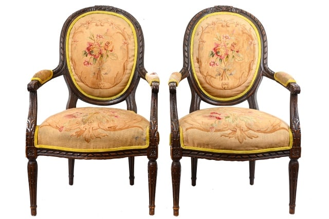Pair Louis XVI Style Carved Fauteuil Chairs (1 of 12)