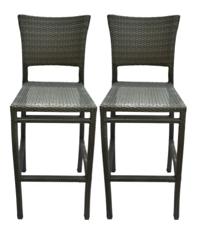 Custom Hand Woven All-Weather Wicker Bar Stools: Pair Custom Hand Woven All-Weather Wicker Bar Stools.Measures 45 inches x 18 inches x 22 inches x 29.5 inches.