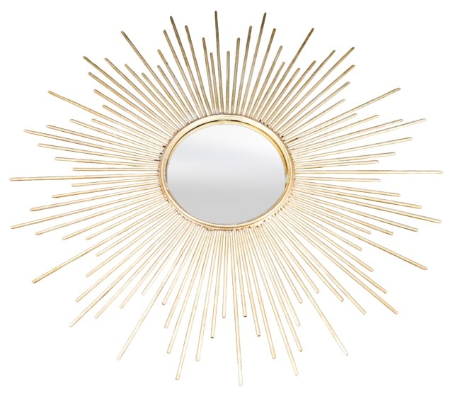 Two's Company Chaty Vallauris Sunburst Mirror: Two's Company Gilt Tone Chaty Vallauris Style Sunburst Mirror with Metal Tube Rays. 40 inches in diameter, mirror is 12 inches in diameter.
