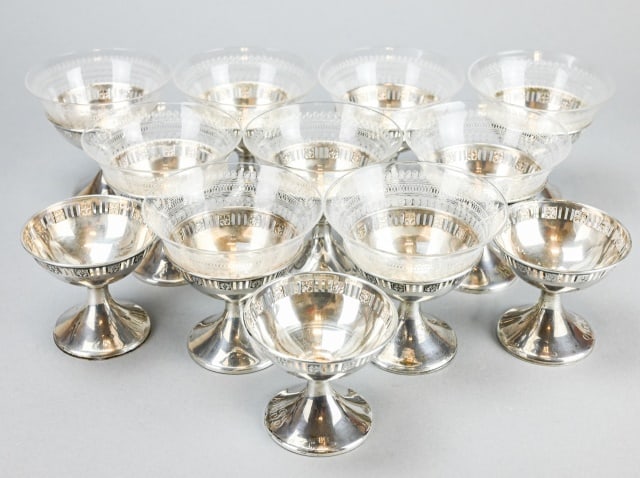 Sterling Silver Dessert Cup Holders, Glass Inserts (1 of 11)