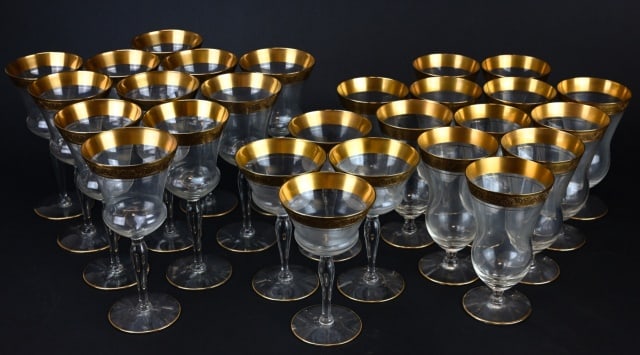 27 Antique Gold Rimmed Goblets & Wine Glasses: 27 Antique Gold Rimmed Goblets & Wine Glasses. Includes 11 wine glasses, 12 goblets, 4 champagne coupes. Goblet measures 6 inches x 3.5 inches.