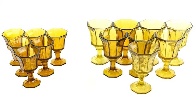 Vintage Amber Glass Wine and Cordial Glasses: Vintage Amber Glass Wine and Cordial Glasses. Includes 8 wine glasses and 6 cordial glasses. Wine glass measures 6 inches x 3.5 inches in diameter.