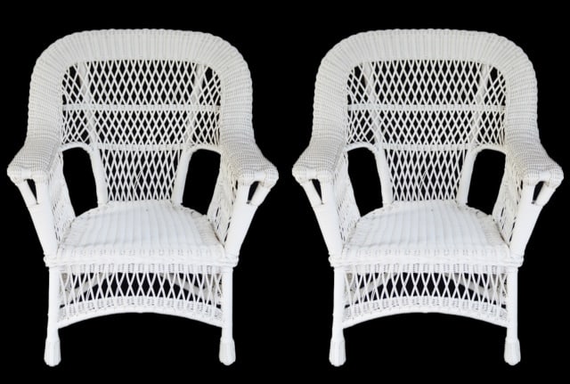 Pair Mid Century Outdoor White Wicker Armchairs (1 of 12)