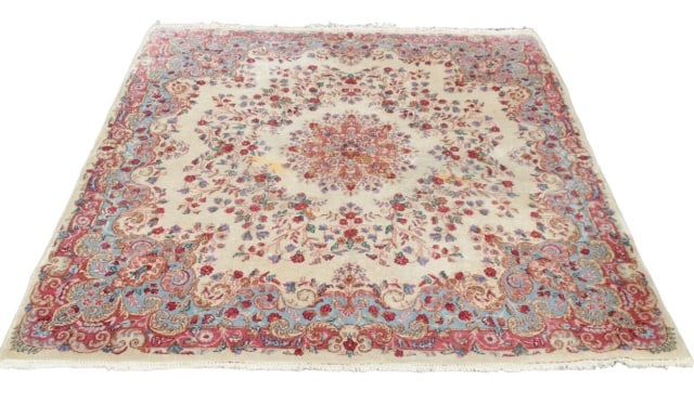 Avakian Bros Iranian All Wool Hand-Woven Rug: Avakian Bros Iranian All Wool Hand-Woven Rug. Cream beige, pink and purple color.Measures 57.5 inches x 62.5 inches.