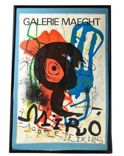 Miro Galerie Maeght Sobreteixims Lithograph: Miro Galerie Maeght Sobreteixims Lithograph Gallery Poster. The poster has water damage to lower 1/3. Measures 32 inches x 22 inches. Unframed as glass was removed.