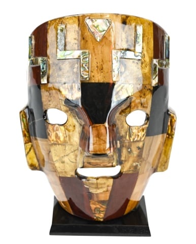 Lacquer Tile Mask Sculpture on Stand: Lacquer Tile Mask Sculpture on Stand. Measures 9 inches x 6 inches x 3 inches