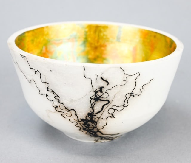 Signed Art Pottery Abstract White Black Gold Bowl (1 of 8)