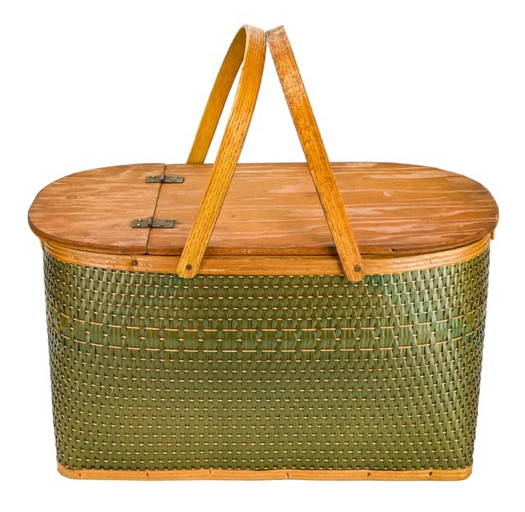 Vintage Hawkeye Picnic Basket With Wooden Handle