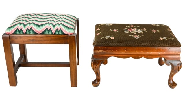 Pair Vintage Needlepoint Carved Stools (1 of 16)