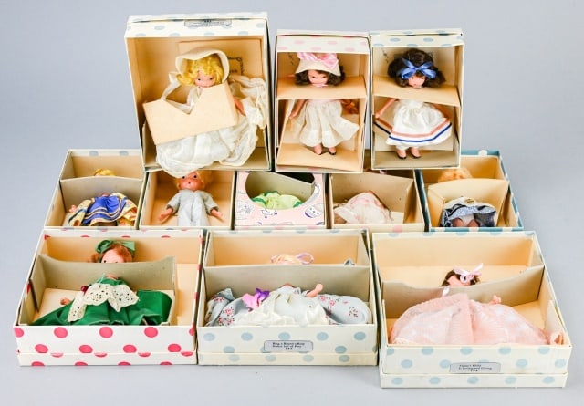 Collection Vintage Nancy Ann Porcelain Dolls: Collection of 11 Vintage Nancy Ann Dressed Porcelain Dolls in Original Boxes. Each doll measures 5.5 inches.