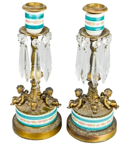 Porcelain, Ormolu, Crystal & Cherub Candlesticks (1 of 12)
