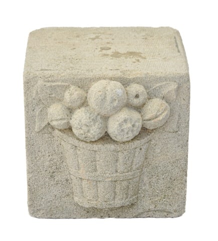 Cast Cement Block Garden Ornament w Flower Motif: Cast Cement Block Garden Ornament with Flower Basket Motif.Measures 8.75 inches x 9 inches square.