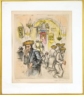 Ira Moskowitz Signed Numbered Lithograph Judaica: Ira Moskowitz Signed Numbered 5/100 Framed Lithograph Judaica "Turning Away". Framed measures 17 inches x 15 inches, art measures 13 inches x 10.5 inches. Some water damage to mat bottom left.