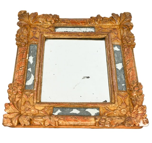 Antique French Carved Cushion Mirror w Inlay (1 of 9)