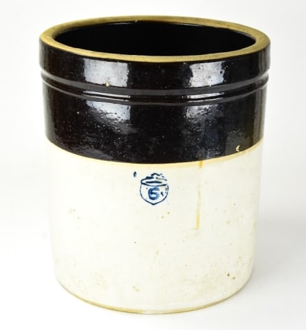 Antique Glazed Stoneware Numbered Crock: Antique Glazed Stoneware Numbered Crock. Stoneware crock numbered "6". Measures 14 inches x 12.5 inches.