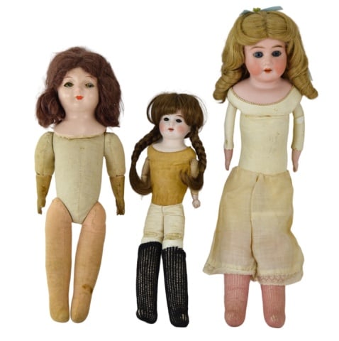 3 Antique Porcelain, Composite, Leather Dolls (1 of 14)