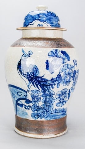 Chinese Blue & White Porcelain Ginger Temple Jar: Chinese Blue and White Hand Painted Porcelain Ginger Temple Jar.Measures 18 inches x 11 inches diameter.