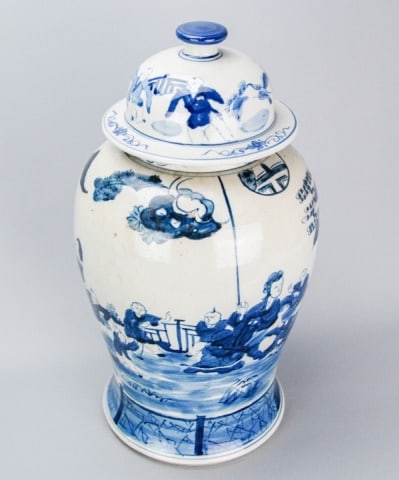 Chinese Blue & White Temple Ginger Jar w Family: Chinese Blue and White Hand Painted Porcelain Temple Ginger Jar with Family Playing.Measures 19 inches x 11 inches diameter.