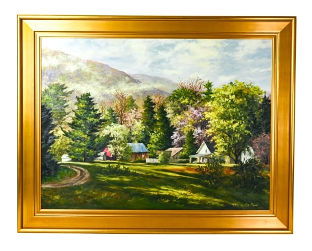 Gary Shepard Framed Oil Painting Country Town: Gary Shepard Framed Oil Painting of Country Town. Framed measures 45 inches x 57 inches, art measures 35 inches x 48 inches.