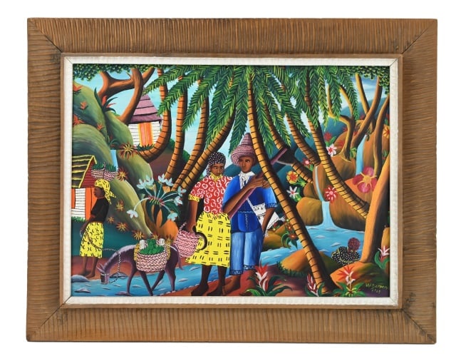 W. Dormon Cuban Acrylic Painting of Village: W. Dormon Cuban Acrylic Painting of Village Framed and Signed. Framed measures 22 inches x 28 inches, art measures 15 inches x 23 inches.