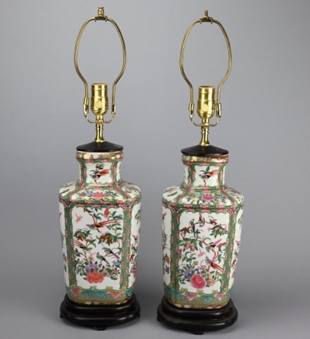 Pair Vintage Fitted Vase Form Famille Rose Lamps: Pair Vintage Fitted and Mounted Vase Form Famille Rose Lamps. 24 inches x 7 inches x 5 inches