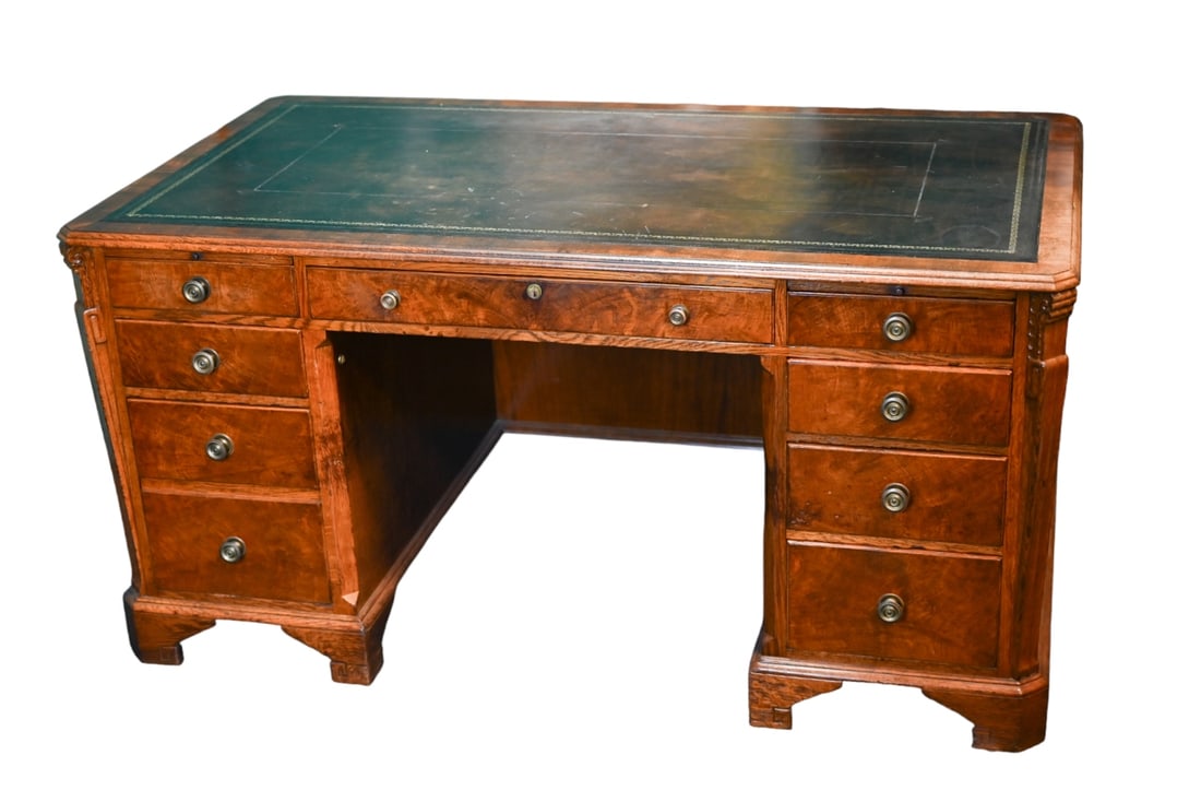 George III Mahogany and Leather Pedestal Desk: George III Mahogany and Leather Pedestal Desk.Measures 30 inches x 60 inches x 34 inches.