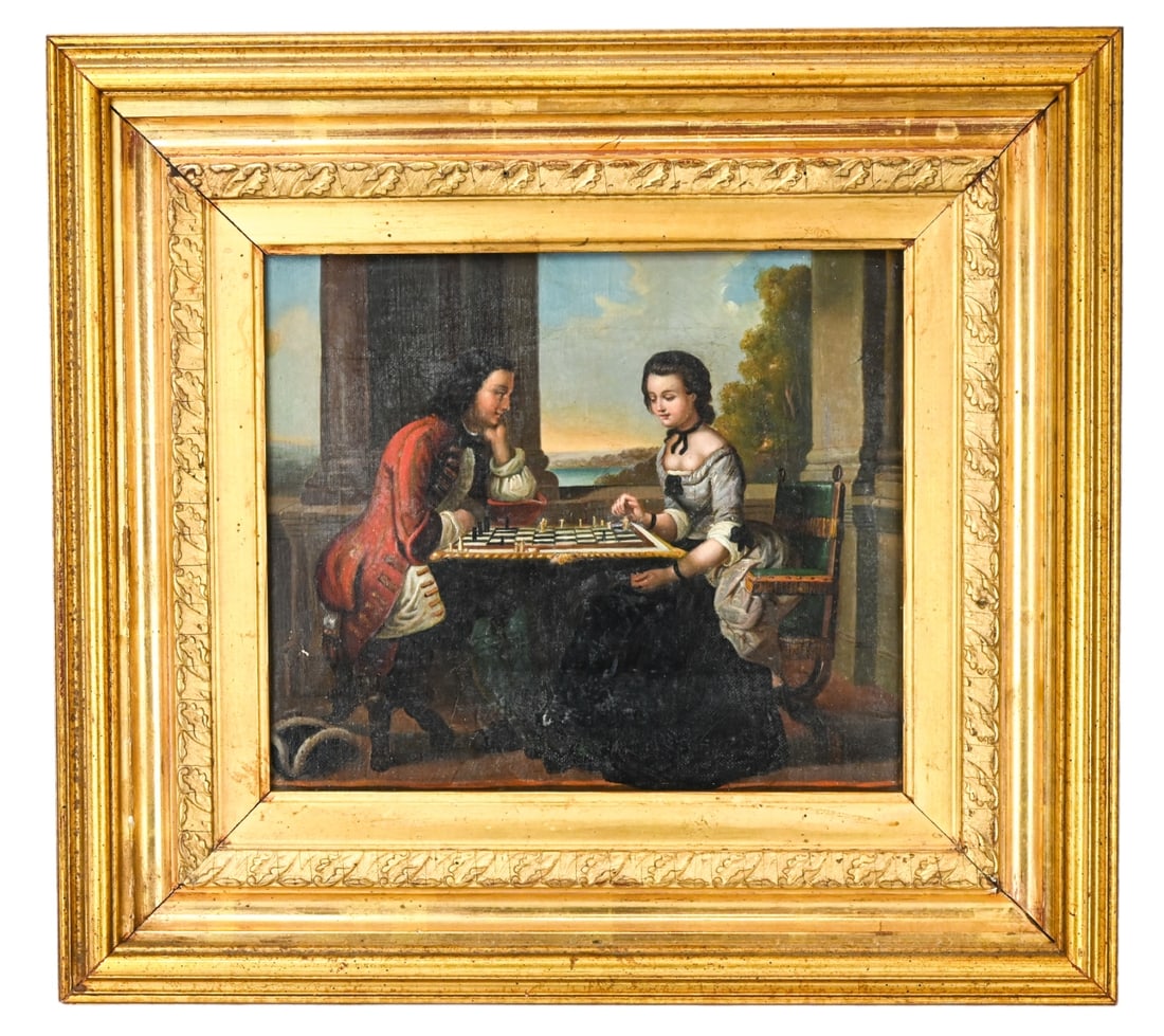 Antique 18th C Oil Painting Couple Playing Chess (1 of 9)