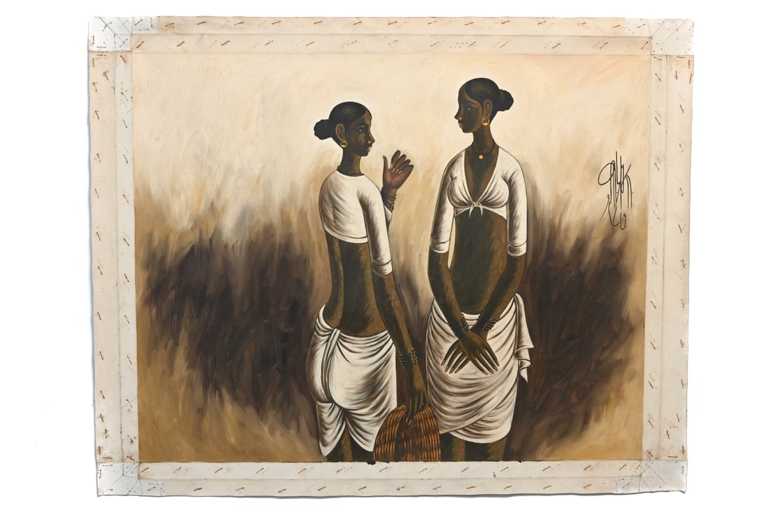 B. Prabha Signed Oil Painting on Canvas of Two Women (1 of 20)