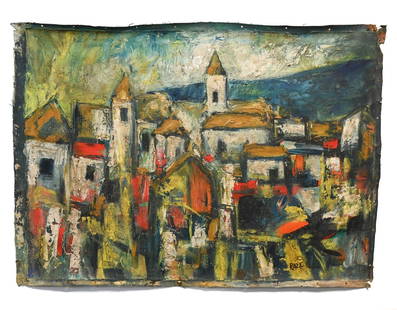 S.H Raza Signed Oil Painting of City Scape: Sayed Haider Raza, India 1922-2016, Signed Oil Painting on Canvas of City Scape. The painting is unframed and measures 25 inches x 18 inches. The painting was rolled.