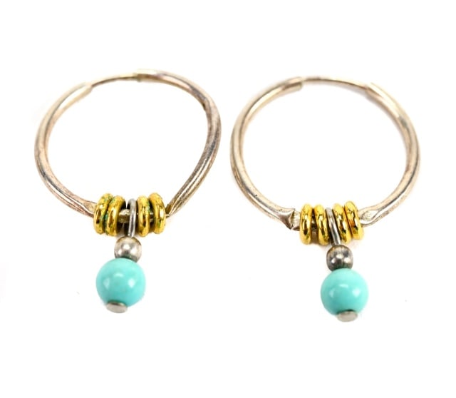 Pair Sterling & Gold Hoop Earrings w Turquoise (1 of 6)