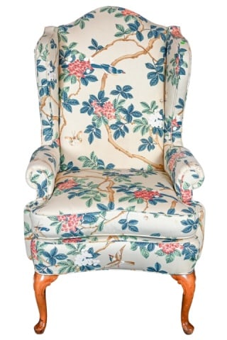 Queen Anne Hand Carved Upholstered Wing Back Chair (1 of 10)